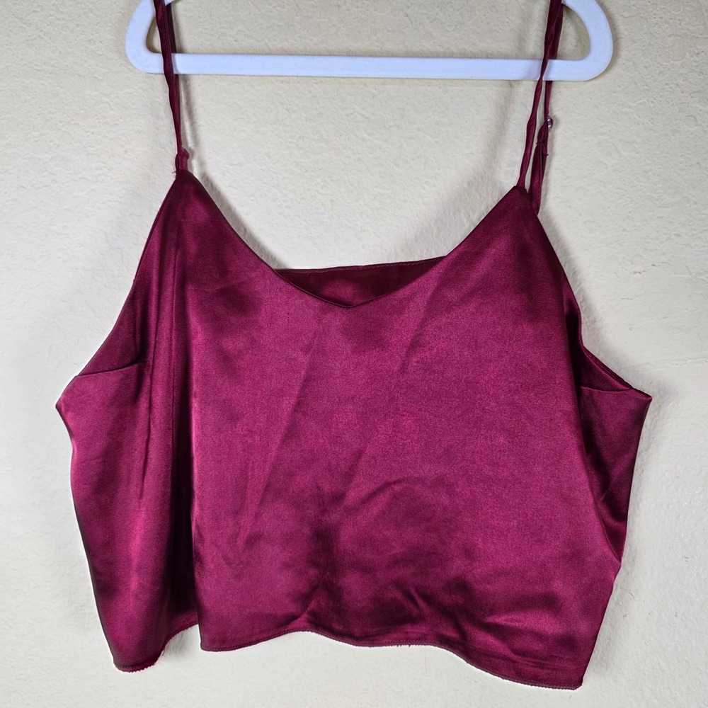 Womens Burgundy Satin Crop‎ Cami Tank Top Adjustable Straps  L goth whimsy date